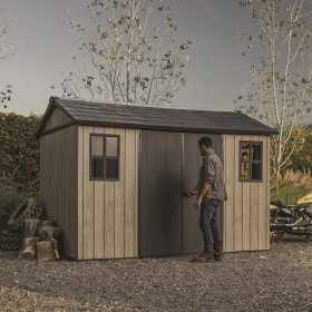 Casuta de gradina, Keter, bej, 350x230x246 cm, colectie Apex 7.5x11/11x7.5, cu doua optiuni de asamblare, usa dubla, ferestre, ventilatie