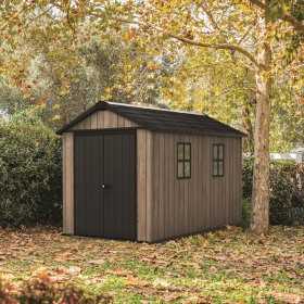 Casuta de gradina, Keter, bej, 350x230x246 cm, colectie Apex 7.5x11/11x7.5, cu doua optiuni de asamblare, usa dubla, ferestre, ventilatie