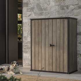 Dulap exterior gradina, din compozit DecoCoat, pentru unelte si accesorii, bej, 2 rafturi, Keter Signature, 140 x 736 x 1704 cm, cu podea, 2 usi, 1400 L, rezistent la intemperii