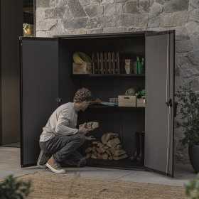 Dulap exterior gradina, din compozit DecoCoat, pentru unelte si accesorii, bej, 2 rafturi, Keter Signature, 140 x 736 x 1704 cm, cu podea, 2 usi, 1400 L, rezistent la intemperii