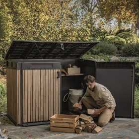 Dulap depozitare exterior, din compozit DecoCoat, pentru unelte si tomberoane, maro venetian, Keter Signature, 190 x 109 x 1325 cm, cu podea, 2 usi, 2020 L, rezistent la intemperii