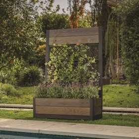 Jardiniera pentru exterior, polipropilena, maro nuc, Keter Deco Tulip, pentru gradina, terasa, balcon, forma dreptunghiulara, maro, cu paravan decorativ, rezistenta UV, 110 L