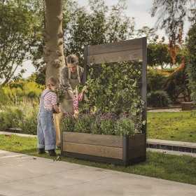 Jardiniera pentru exterior, polipropilena, maro nuc, Keter Deco Tulip, pentru gradina, terasa, balcon, forma dreptunghiulara, maro, cu paravan decorativ, rezistenta UV, 110 L