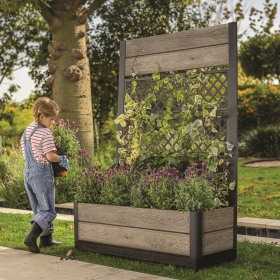 Jardiniera pentru exterior, polipropilena, maro nuc, Keter Deco Tulip, pentru gradina, terasa, balcon, forma dreptunghiulara, bej, cu paravan decorativ, rezistenta UV, 110 L