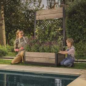 Jardiniera pentru exterior, polipropilena, maro nuc, Keter Deco Tulip, pentru gradina, terasa, balcon, forma dreptunghiulara, bej, cu paravan decorativ, rezistenta UV, 110 L