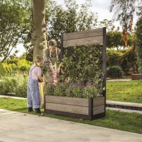 Jardiniera pentru exterior, polipropilena, maro nuc, Keter Deco Tulip, pentru gradina, terasa, balcon, forma dreptunghiulara, bej, cu paravan decorativ, rezistenta UV, 110 L