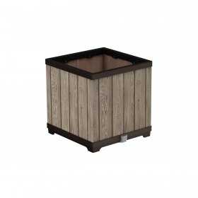 Ghiveci exterior, patrat, bej, polipropilena, Keter Deco, imitatie lemn, cu dop de drenaj, pentru gradina, terasa sau balcon, rezistent UV