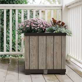 Ghiveci exterior, patrat, bej, polipropilena, Keter Deco, imitatie lemn, cu dop de drenaj, pentru gradina, terasa sau balcon, rezistent UV