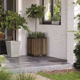 Ghiveci exterior, patrat, maro nuc, polipropilena, Keter Deco, imitatie lemn, cu dop de drenaj, pentru gradina, terasa sau balcon, rezistent UV, 45.5x45.5x55 cm