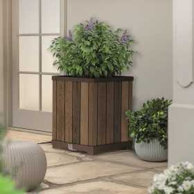 Ghiveci exterior, patrat, maro nuc, polipropilena, Keter Deco, imitatie lemn, cu dop de drenaj, pentru gradina, terasa sau balcon, rezistent UV, 45.5x45.5x55 cm