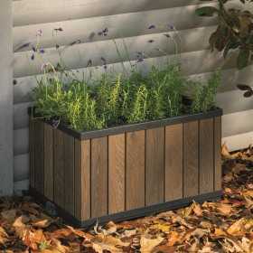 Jardiniera, pentru gradina si terasa, polipropilena, Keter Deco, imitatie lemn, culoare maro nuc, dreptunghiulara, pentru exterior, rezistenta la UV, umiditate si zapada, 45.5x76x45.5 cm