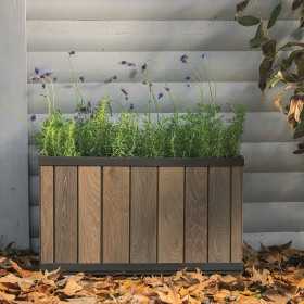 Jardiniera, pentru gradina si terasa, polipropilena, Keter Deco, imitatie lemn, culoare maro nuc, dreptunghiulara, pentru exterior, rezistenta la UV, umiditate si zapada, 45.5x76x45.5 cm