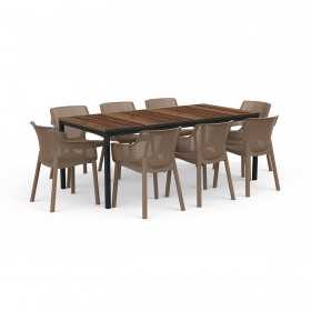 Masa de gradina, plastic, Keter, pentru 8 persoane, colectia Porto, culoare maro nuc, cadru metalic, dimensiuni 200x95x75 cm