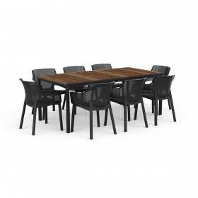 Masa de gradina, plastic, Keter, pentru 8 persoane, colectia Porto, culoare maro nuc, cadru metalic, dimensiuni 200x95x75 cm