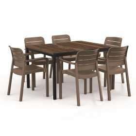 Masa de gradina, plastic, Keter, pentru 6 persoane, colectia Porto, culoare maro nuc, cadru metalic, dimensiuni 159x95x75 cm