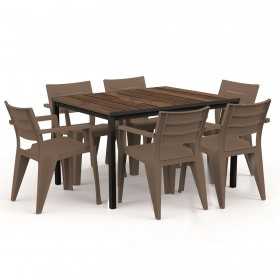 Masa de gradina, plastic, Keter, pentru 6 persoane, colectia Porto, culoare maro nuc, cadru metalic, dimensiuni 159x95x75 cm