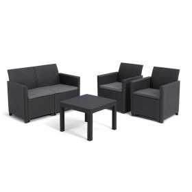 Set mobilier gradina si terasa, imitatie ratan, Keter Marie, cu masuta Orlando, 2 fotolii, 1 canapea, 4 locuri, culoare grafit, rezistent UV si intemperii, usor de asamblat
