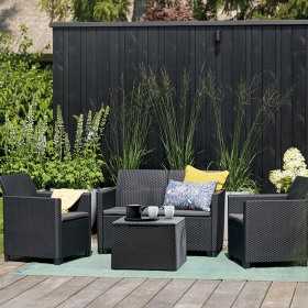 Set mobilier gradina si terasa, imitatie ratan, Keter Marie, cu masuta depozitare, 2 fotolii, 1 canapea, 4 locuri, culoare grafit, rezistent UV si intemperii, usor de asamblat