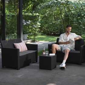 Set mobilier gradina si terasa, imitatie ratan, Keter Marie, cu masuta depozitare, 2 fotolii, 1 canapea, 4 locuri, culoare grafit, rezistent UV si intemperii, usor de asamblat