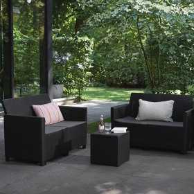 Set mobilier gradina si terasa, imitatie ratan, Keter Marie, cu masuta depozitare, 2 fotolii, 1 canapea, 4 locuri, culoare grafit, rezistent UV si intemperii, usor de asamblat