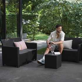Set mobilier gradina si terasa, imitatie ratan, Keter Marie, cu masuta depozitare, 2 fotolii, 1 canapea, 4 locuri, culoare grafit, rezistent UV si intemperii, usor de asamblat