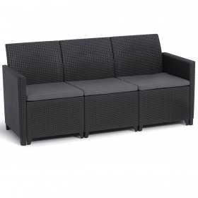 Set mobilier de gradina, grafit, polipropilena, Keter Marie, pentru terasa, fara masa, 1 canapea, 2 fotolii, aspect ratan, rezistent UV