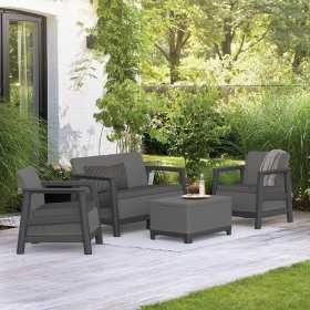 Set mobilier de terasa, aspect iuta, Keter Scandi, pentru gradina sau foisor, cu masuta depozitare, 1 canapea, 2 fotolii, 4 locuri, culoare grafit, rezistent UV