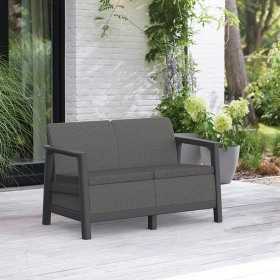 Set mobilier de terasa, aspect iuta, Keter Scandi, pentru gradina sau foisor, cu masuta depozitare, 1 canapea, 2 fotolii, 4 locuri, culoare grafit, rezistent UV