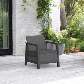Set mobilier de terasa, aspect iuta, Keter Scandi, pentru gradina sau foisor, cu masuta depozitare, 1 canapea, 2 fotolii, 4 locuri, culoare grafit, rezistent UV