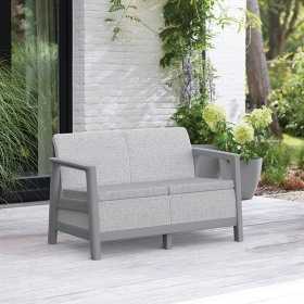 Set mobilier de terasa, aspect iuta, Keter Scandi, pentru gradina sau foisor, cu masuta depozitare, 1 canapea, 2 fotolii, 4 locuri, culoare gri, rezistent UV