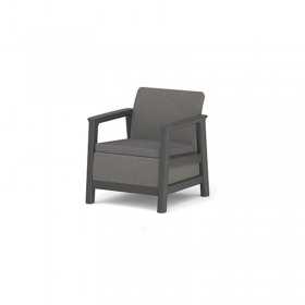 Set mobilier de terasa, aspect iuta, Keter Scandi, pentru gradina sau foisor, cu masuta depozitare, 1 canapea, 2 fotolii, 4 locuri, culoare grafit, rezistent UV