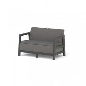 Set mobilier de terasa, aspect iuta, Keter Scandi, pentru gradina sau foisor, cu masuta depozitare, 1 canapea, 2 fotolii, 4 locuri, culoare grafit, rezistent UV