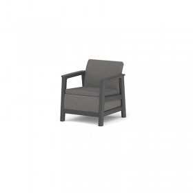 Set mobilier de terasa, aspect iuta, Keter Scandi, pentru gradina sau foisor, cu masuta depozitare, 1 canapea, 2 fotolii, 5 locuri, culoare grafit, rezistent UV