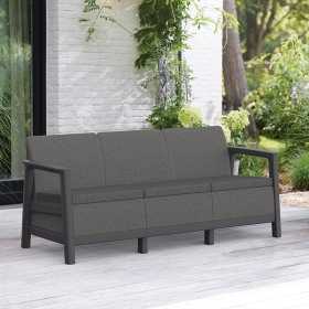 Set mobilier de terasa, aspect iuta, Keter Scandi, pentru gradina sau foisor, cu masuta depozitare, 1 canapea, 2 fotolii, 5 locuri, culoare grafit, rezistent UV