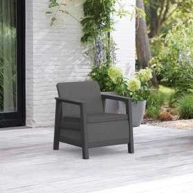 Set mobilier de terasa, aspect iuta, Keter Scandi, pentru gradina sau foisor, cu masuta depozitare, 1 canapea, 2 fotolii, 5 locuri, culoare grafit, rezistent UV