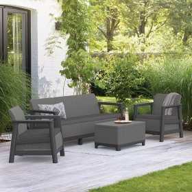Set mobilier de terasa, aspect iuta, Keter Scandi, pentru gradina sau foisor, cu masuta depozitare, 1 canapea, 2 fotolii, 5 locuri, culoare grafit, rezistent UV