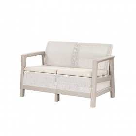 Set mobilier de terasa, aspect iuta, Keter Scandi, pentru gradina sau foisor, cu masuta depozitare, 1 canapea, 2 fotolii, 4 locuri, culoare bej, rezistent UV