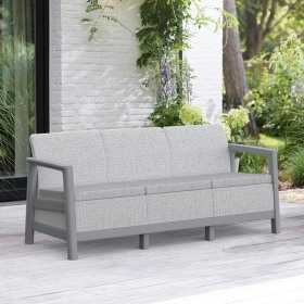 Set mobilier de terasa, aspect iuta, Keter Scandi, pentru gradina sau foisor, cu masuta depozitare, 1 canapea, 2 fotolii, 5 locuri, culoare gri, rezistent UV