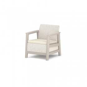 Set mobilier de terasa, aspect iuta, Keter Scandi, pentru gradina sau foisor, cu masuta depozitare, 1 canapea, 2 fotolii, 5 locuri, culoare bej, rezistent UV