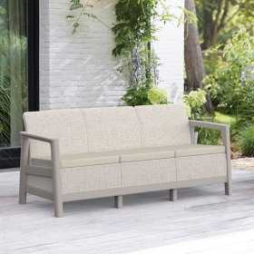Set mobilier de terasa, aspect iuta, Keter Scandi, pentru gradina sau foisor, cu masuta depozitare, 1 canapea, 2 fotolii, 5 locuri, culoare bej, rezistent UV