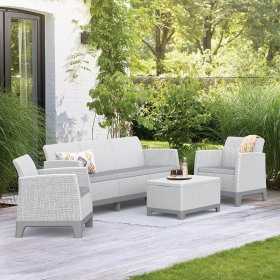 Set mobilier terasa, gradina, Keter Scandi, material polipropilena, imitatie iuta, culoare gri, cu masuta depozitare, 1 canapea, 2 fotolii, 5 locuri, cu perne, usor de asamblat