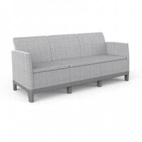 Set mobilier terasa, gradina, Keter Scandi, material polipropilena, imitatie iuta, culoare gri, cu masuta depozitare, 1 canapea, 2 fotolii, 5 locuri, cu perne, usor de asamblat