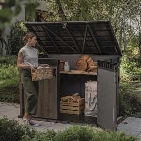 Dulap depozitare exterior, din compozit DecoCoat, pentru unelte si tomberoane, maro nuc, Keter Signature, 190 x 109 x 1325 cm, cu podea, 2 usi, 2020 L, rezistent la intemperii
