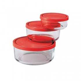 Set 3 caserole rotunde rosu Bormioli Gelo 345 ml, 740 ml, 1250 ml