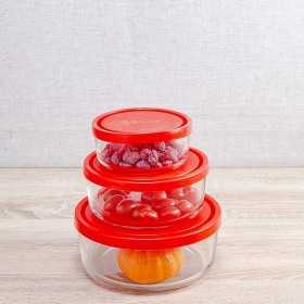 Set 3 caserole rotunde rosu Bormioli Gelo 345 ml, 740 ml, 1250 ml