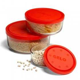 Set 3 caserole rotunde rosu Bormioli Gelo 345 ml, 740 ml, 1250 ml