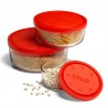 Set 3 caserole rotunde rosu Bormioli Gelo 345 ml, 740 ml, 1250 ml 