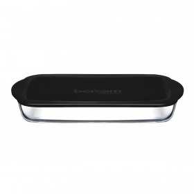 Vas rectangular din sticla termorezistenta cu capac plastic negru Pasabahce Borcam Bake&Keep 1950 ml